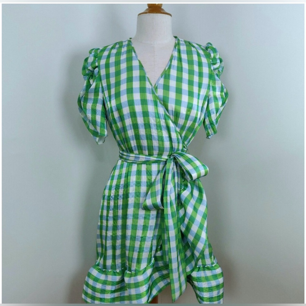 TANYA TAYLOR Natasha Gingham Faux Wrap Green Blue Puff Sleeve Ruffle Dress - Picture 12 of 12
